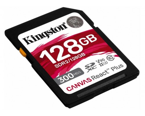 Карта памяти Kingston Canvas React Plus SDR2/128GB, Class10, 128Gb, SD, UHS-II (U3), V90, чтен  300 Мб/с, зап  260 Мб/с