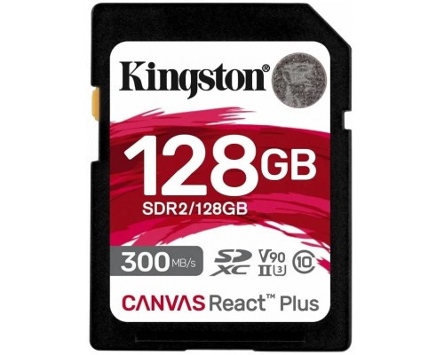 Карта памяти Kingston Canvas React Plus SDR2/128GB, Class10, 128Gb, SD, UHS-II (U3), V90, чтен  300 Мб/с, зап  260 Мб/с