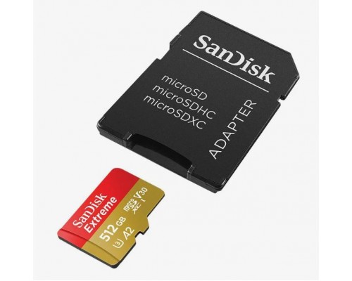 Карта памяти SanDisk Extreme SDSQXAV-512G-GN6MA microSD, 512Gb, UHS Class 3, Class 10, чтение до 190 Мб/с, с адаптером