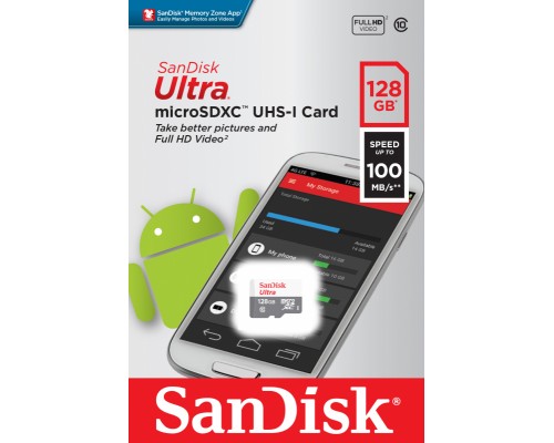 Карта памяти SanDisk Ultra SDSQUAB-128G-GN6MN microSD, 128Gb, UHS-I, Class 10, чтение до 140 Мб/с, без адаптера