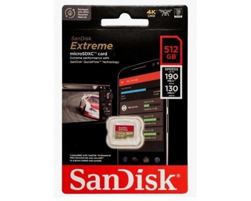 Карта памяти SanDisk Extreme SDSQXAV-512G-GN6MN microSD, 512Gb, UHS Class 3, Class 10, чтение до 190 Мб/с, без адаптера