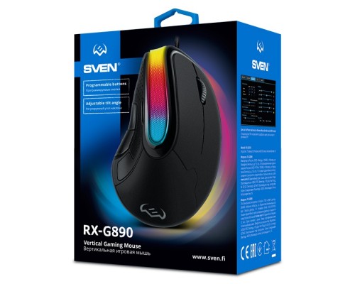 Мышь Sven RX-G890 SV-021085 оптическая, проводная, вертикальная, 10000 dpi, USB, 7 кн., RGB подсветка, черная