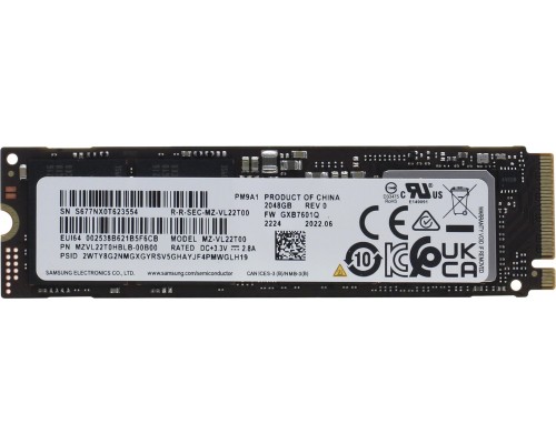 Накопитель Samsung SSD PM9A1 MZVL22T0HBLB, M.2, 2.0Tb, PCIe 4.0 x4, чтение  7000 Мб/сек, запись  5200 Мб/сек, 3D NAND, NVMe, 1200 TBW