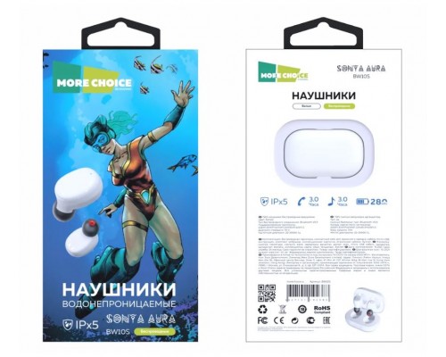 Наушники More choice BW10S White TWS беспроводные, вкладыши, 20-20000 Гц, 16 Ом, Bluetooth, с микрофоном, micro USB, 280 мАч, IPХ4, белые