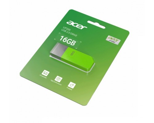 Флеш карта Acer UP200-16G-GR BL.9BWWA.542 green 16Gb, USB 2.0, с колпачком, пластик, зеленая