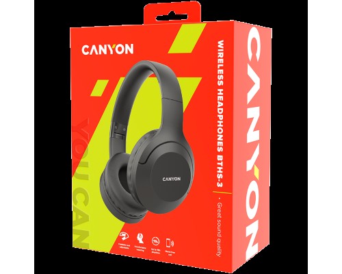 Наушники CANYON BTHS-3, Canyon Bluetooth headset,with microphone, BT V5.1 JL6956, battery 300mAh, Type-C charging plug, PU material, size:168*190*78mm, charging cable 30cm and audio cable 100cm, Dark grey