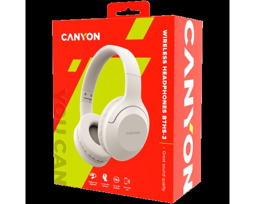 Наушники CANYON BTHS-3, Bluetooth headset,with microphone, BT V5.1 JL6956, battery 300mAh, Type-C charging plug, PU material, size:168*190*78mm, charging cable 30cm and audio cable 100cm, Beige