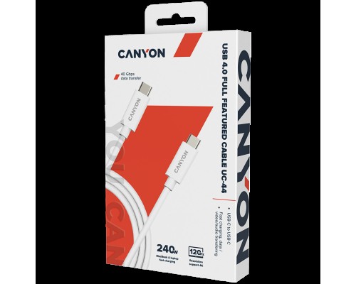 Кабель CANYON UC-44, cable, U4-CC-5A1M-E, USB4 TYPE-C to TYPE-C cable assembly 40G 1m 5A 240W(ERP) with E-MARK, CE, ROHS, white