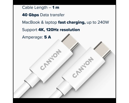 Кабель CANYON UC-44, cable, U4-CC-5A1M-E, USB4 TYPE-C to TYPE-C cable assembly 40G 1m 5A 240W(ERP) with E-MARK, CE, ROHS, white