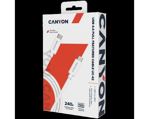 Кабель CANYON UC-42, cable, U4-CC-5A2M-E, USB4 TYPE-C to TYPE-C cable assembly 20G 2m 5A 240W(ERP) with E-MARK, CE, ROHS, white