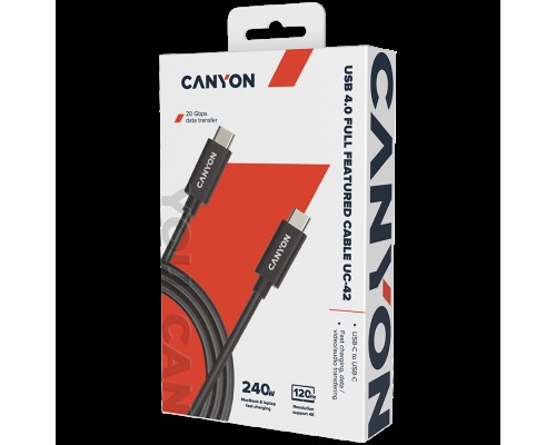 Кабель CANYON UC-42, USB4 TYPE-C to TYPE-C cable assembly 20G 2m 5A 240W(ERP) with E-MARK, CE, ROHS, black