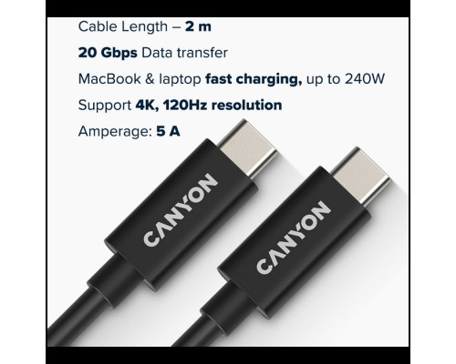 Кабель CANYON UC-42, USB4 TYPE-C to TYPE-C cable assembly 20G 2m 5A 240W(ERP) with E-MARK, CE, ROHS, black