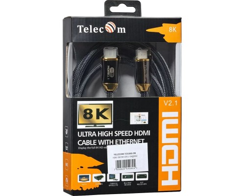 Кабель HDMI 19M/M,ver. 2.1, 8K@60 Hz 3m метал разъемы, нейлоновая оплетка Telecom TCG300-3M