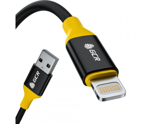 GCR Кабель 1.2m USB 2.0, AM/Lightning - поддержка всех IOS, MFI, черный, AL корпус черный, желтый ПВХ