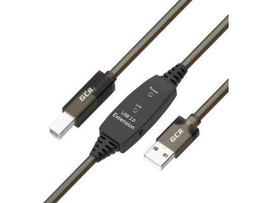 GCR Кабель активный 10.0m USB 2.0, AM/BM, черно-прозрачный, с усилителем сигнала, разъём для доп.питания, 24/22 AWG