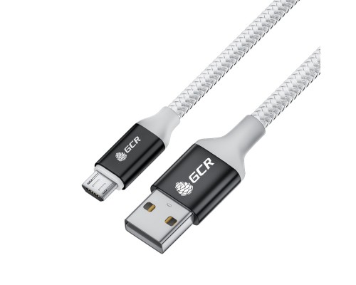 GCR QC Кабель 1.5m MicroUSB, быстрая зарядка, белый нейлон, AL корпус черный, белый ПВХ, 28/24 AWG, GCR-53269