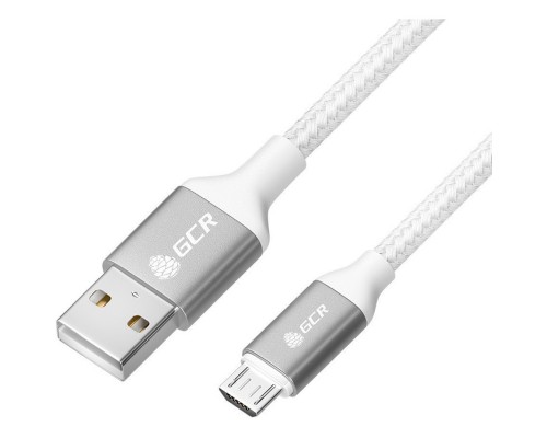 GCR QC Кабель 1.5m MicroUSB, быстрая зарядка, белый нейлон, AL корпус серебро, белый ПВХ, 28/24 AWG, GCR-52469