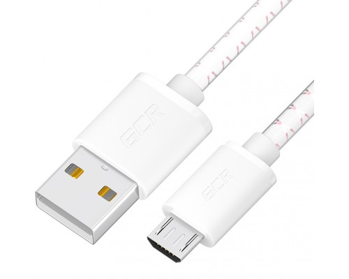 GCR Кабель 1.0m MicroUSB, бело-розовый, белые коннекторы, быстрая зарядка, 28/24 AWG, GCR-54450