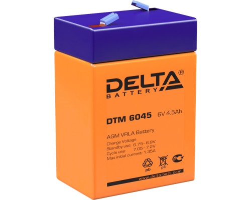 Батарея DELTA серия DTM, DTM 6045, напряжение 6В, емкость 4.5Ач (разряд 20 часов),  макс. ток разряда (5 сек.) 67.5А, макс. ток заряда 1.32А, свинцово-кислотная типа AGM, клеммы F1, ДxШxВ 70х47х101мм., вес 0.78кг., срок службы 6 лет./ Battery DELTA s