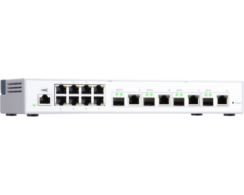 QNAP QSW-M408-4C 10 Gbps managed switch with 4 SFP + ports, combined with RJ-45, 8 1 Gbps RJ-45 ports, bandwidth up to 96 Gbps, JumboFrame support.