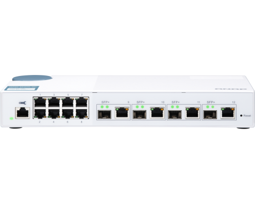 QNAP QSW-M408-4C 10 Gbps managed switch with 4 SFP + ports, combined with RJ-45, 8 1 Gbps RJ-45 ports, bandwidth up to 96 Gbps, JumboFrame support.