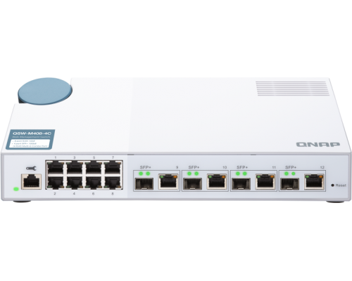 QNAP QSW-M408-4C 10 Gbps managed switch with 4 SFP + ports, combined with RJ-45, 8 1 Gbps RJ-45 ports, bandwidth up to 96 Gbps, JumboFrame support.