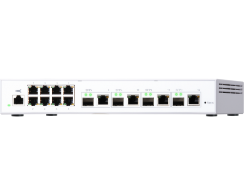 QNAP QSW-M408-4C 10 Gbps managed switch with 4 SFP + ports, combined with RJ-45, 8 1 Gbps RJ-45 ports, bandwidth up to 96 Gbps, JumboFrame support.