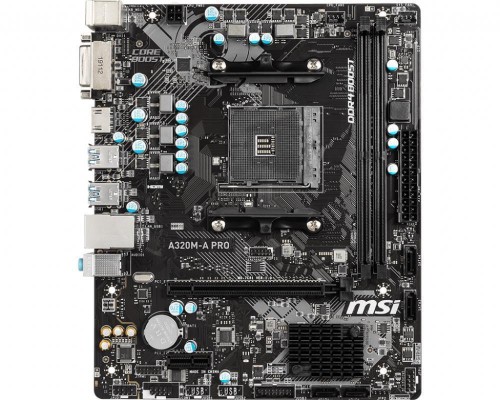 Материнская плата A320M-A PRO, Socket AM4, AMD® A320, 2xDDR4-2400, 1xPCI-Ex16x, 1xPCI-Ex, DVI-D+HDMI, 4xSATA3(RAID 0/1/10), 8 Ch Audio, GLan, (2+4)xUSB2.0, (4+2)xUSB3.1, 2xPS/2, mATX, RTL