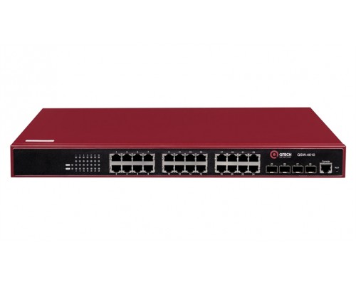 Управляемый коммутатор уровня L2+ с поддержкой PoE 802.3af/at, 24 порта 10/100/1000BASE-T PoE, 4 порта 100/1000BASE-X SFP, 4K VLAN, 16K MAC адресов, консольный порт, встроенный БП разъем питания на за