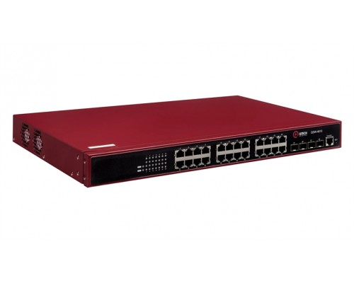 Управляемый коммутатор уровня L2+ с поддержкой PoE 802.3af/at, 24 порта 10/100/1000BASE-T PoE, 4 порта 100/1000BASE-X SFP, 4K VLAN, 16K MAC адресов, консольный порт, встроенный БП разъем питания на за
