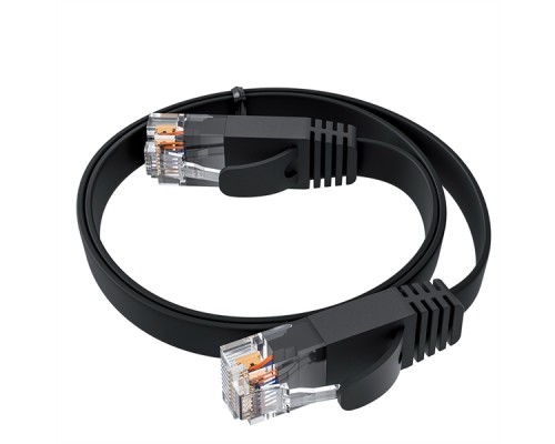 Патчкорд GCR  PROF плоский прямой 0.5m, UTP медь кат.6, черный, 30 AWG, ethernet high speed 10 Гбит/с, RJ45, T568B