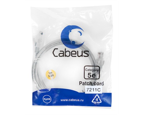 Патчкорд Cabeus PC-UTP-RJ45-Cat.5e-1m  U/UTP, категория 5е, 2xRJ45/8p8c, неэкранированный, серый, PVC, 1м