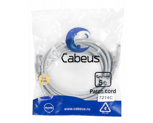 Патчкорд Cabeus PC-UTP-RJ45-Cat.5e-3m  U/UTP, категория 5е, 2xRJ45/8p8c, неэкранированный, серый, PVC, 3м