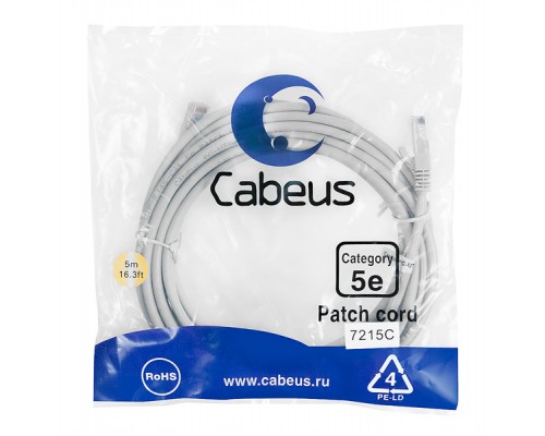 Патчкорд Cabeus PC-UTP-RJ45-Cat.5e-5m  U/UTP, категория 5е, 2xRJ45/8p8c, неэкранированный, серый, PVC, 5м