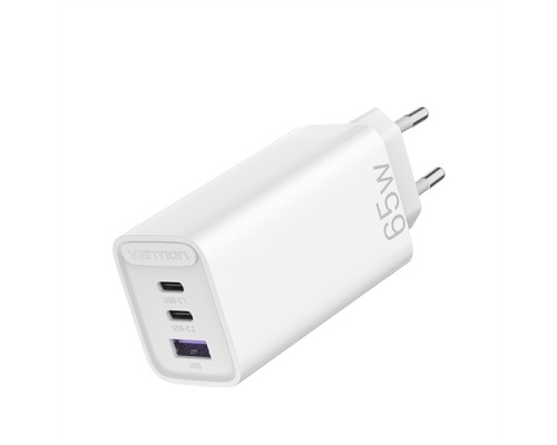 Зарядное устройство Vention 3-port USB(C+C+A) GaN Charger(65W/30W/30W) EU-Plug White