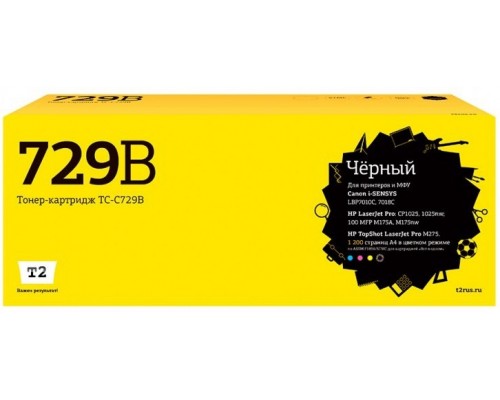 T2 Cartridge 729 Картридж (TC-C729B) для Canon i-SENSYS LBP7010C/HP LJ Pro CP1025 (1200 стр.) Черный, с чипом