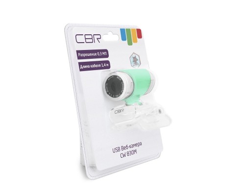 CBR CW 830M Green, Веб-камера с матрицей 0,3 МП, разрешение видео 640х480, USB 2.0, встроенный микрофон, ручная фокусировка, крепление на мониторе, длина кабеля 1,4 м, цвет зелёный