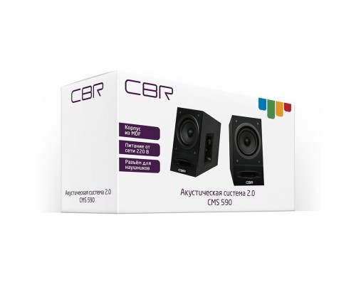 CBR CMS 590 Black, Акустическая система 2.0, питание 220 В, 2х5 Вт (10 Вт RMS), материал корпуса MDF, 3.5 мм линейный стереовход, регул. громк., выход на наушники, длина кабеля 1,5 м, цвет чёрный
