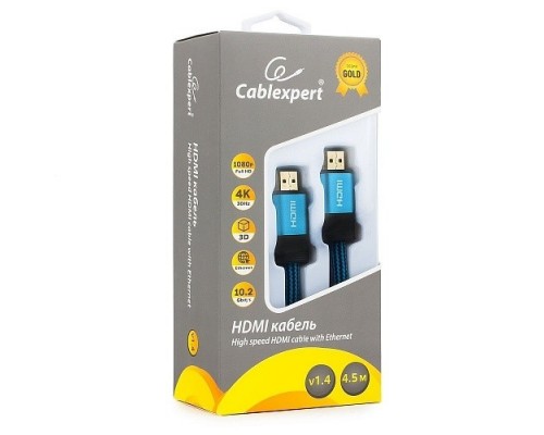 Кабель HDMI Cablexpert, серия Gold, 4,5 м, v1.4, M/M, синий, позол.разъемы, алюминиевый корпус, нейлоновая оплетка, коробка (CC-G-HDMI01-4.5M)