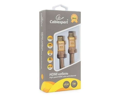 Кабель HDMI Cablexpert, серия Gold, 1 м, v1.4, M/M, золотой, позол.разъемы, алюминиевый корпус, нейлоновая оплетка, коробка (CC-G-HDMI03-1M)