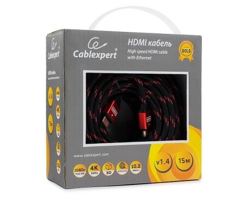 Кабель HDMI Cablexpert, серия Gold, 15 м, v1.4, M/M, красный, позол.разъемы, алюминиевый корпус, нейлоновая оплетка, коробка (CC-G-HDMI02-15M)