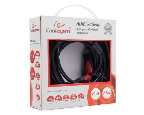 Кабель HDMI Cablexpert, серия Silver, длина 7,5 м, v1.4, M/M, позол.разъемы, феррит. кольца, коробка (CC-S-HDMI03-7.5M)