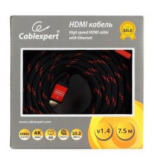 Кабель HDMI Cablexpert, серия Gold, 7,5 м, v1.4, M/M, красный, позол.разъемы, алюминиевый корпус, нейлоновая оплетка, коробка (CC-G-HDMI02-7.5M)                                                                                                          