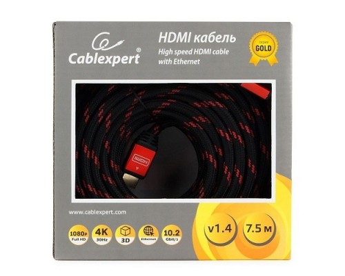 Кабель HDMI Cablexpert, серия Gold, 7,5 м, v1.4, M/M, красный, позол.разъемы, алюминиевый корпус, нейлоновая оплетка, коробка (CC-G-HDMI02-7.5M)