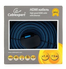 Кабель HDMI Cablexpert, серия Gold, 7,5 м, v1.4, M/M, синий, позол.разъемы, алюминиевый корпус, нейлоновая оплетка, коробка (CC-G-HDMI01-7.5M)                                                                                                            
