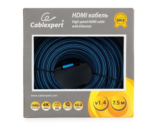 Кабель HDMI Cablexpert, серия Gold, 7,5 м, v1.4, M/M, синий, позол.разъемы, алюминиевый корпус, нейлоновая оплетка, коробка (CC-G-HDMI01-7.5M)