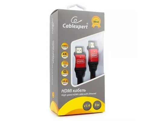 Кабель HDMI Cablexpert, серия Gold, 3 м, v1.4, M/M, красный, позол.разъемы, алюминиевый корпус, нейлоновая оплетка, коробка (CC-G-HDMI02-3M)