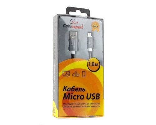 Кабель Cablexpert  USB 2.0 CC-G-mUSB02Gy-1.8M AM/microB, серия Gold, длина 1.8м, титан, блистер
