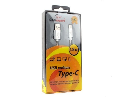 Cablexpert Кабель USB 2.0 CC-G-USBC02S-1.8M AM/Type-C, серия Gold, длина 1.8м, серебро, блистер