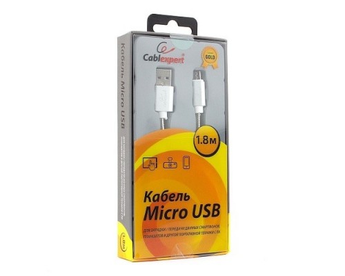 Кабель Cablexpert  USB 2.0 CC-G-mUSB02S-1.8M	 AM/microB, серия Gold, длина 1.8м, серебро, блистер